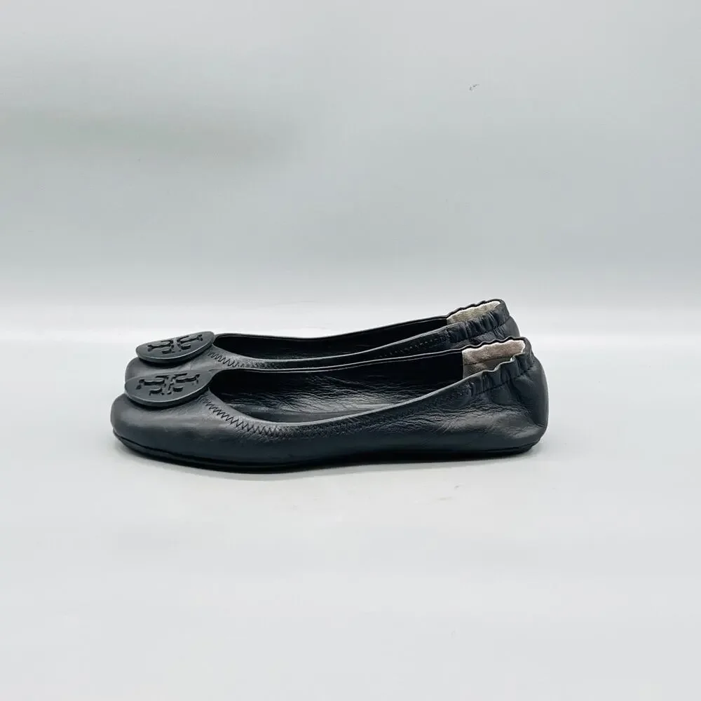 Tory Burch Shoes Womens 6.5 Black Leather Logo Ballet Flats Slip On Comfort